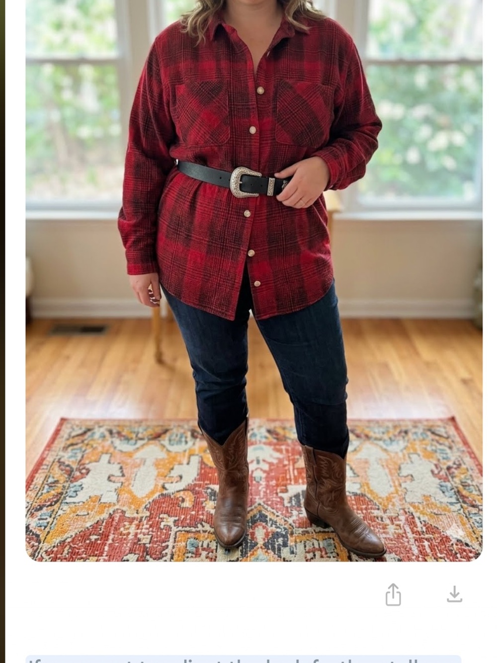 Red and black flannel like shirt with belt